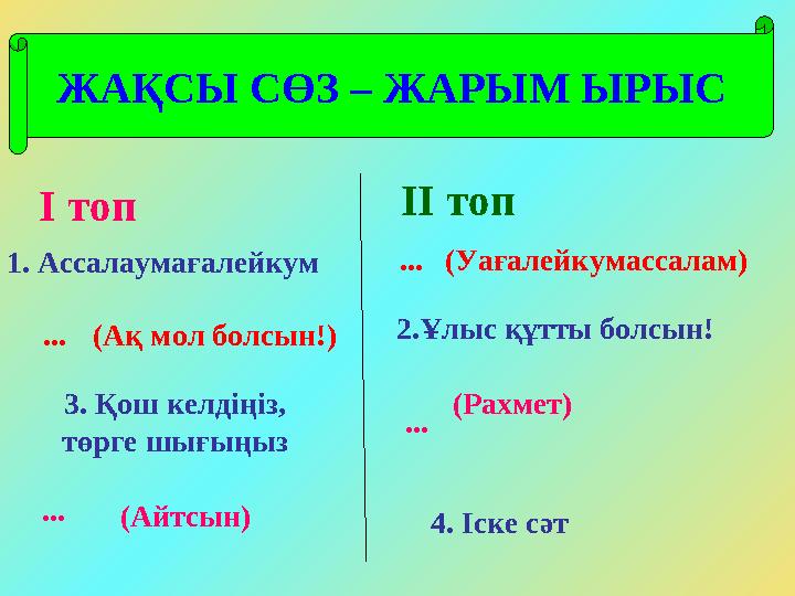 ЖАҚСЫ СӨЗ – ЖАРЫМ ЫРЫС I топ II топ 1. Ассалаумағалейкум ... ... 2.Ұлыс құтты болсын! (Уағалейкумассалам) (Ақ мол болсын!