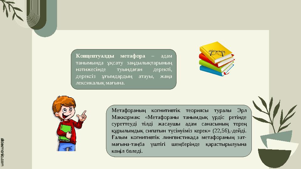 Концептуалды метафора – адам танымында ұқсату заңдылықтарының нәтижесінде туындаған деректі, дерексіз ұғымдардың ат