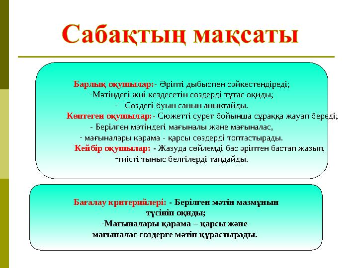 Барлық оқушылар: - Әріпті дыбыспен сәйкестендіреді; - Мәтіндегі жиі кездесетін сөздерді тұтас оқиды; - Сөздегі буын санын аны