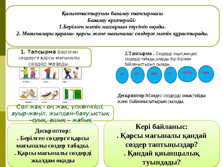 Дескриптор: . Берілген сөздерге қарсы мағыналы сөздер табады. . Қарсы мағыналы сөздерді жылдам оқиды Кері байланыс: . Қарсы ма