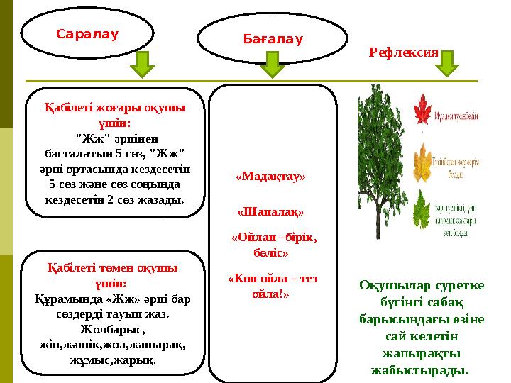 Рефлексия Оқушылар суретке бүгінгі сабақ барысындағы өзіне сай келетін жапырақты жабыстырады. Саралау Бағалау «Мадақтау»