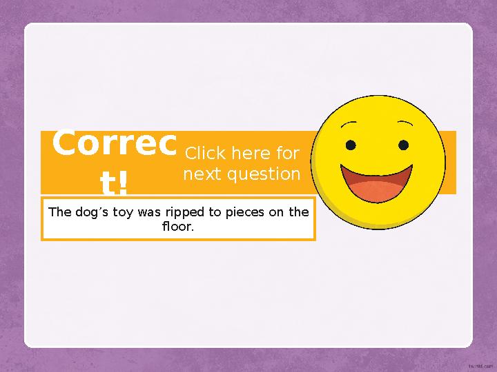 Correc t! The dog’s toy was ripped to pieces on the floor. Click here for next question