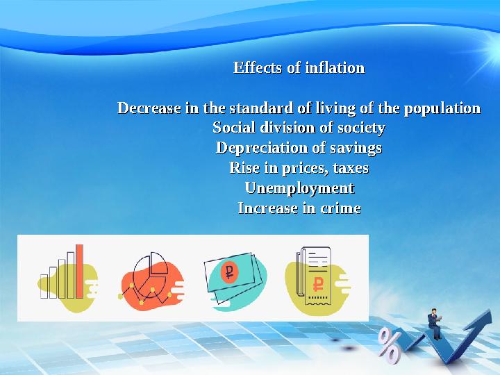 Effects of inflationEffects of inflation Decrease in the standard of living of the populationDecrease in the standard of living