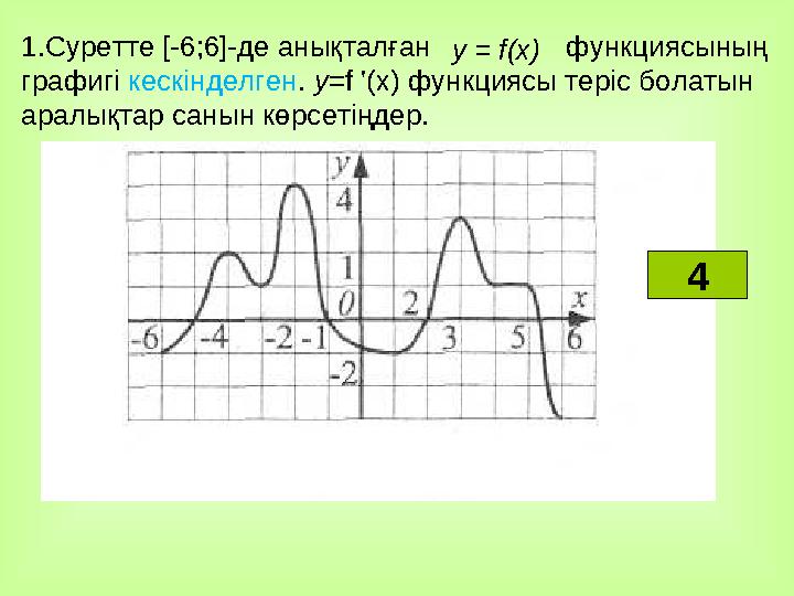 1. Суретте [-6;6]-де анықталған функциясының графигі кескінделген . у = f '(х) функциясы теріс болатын ара