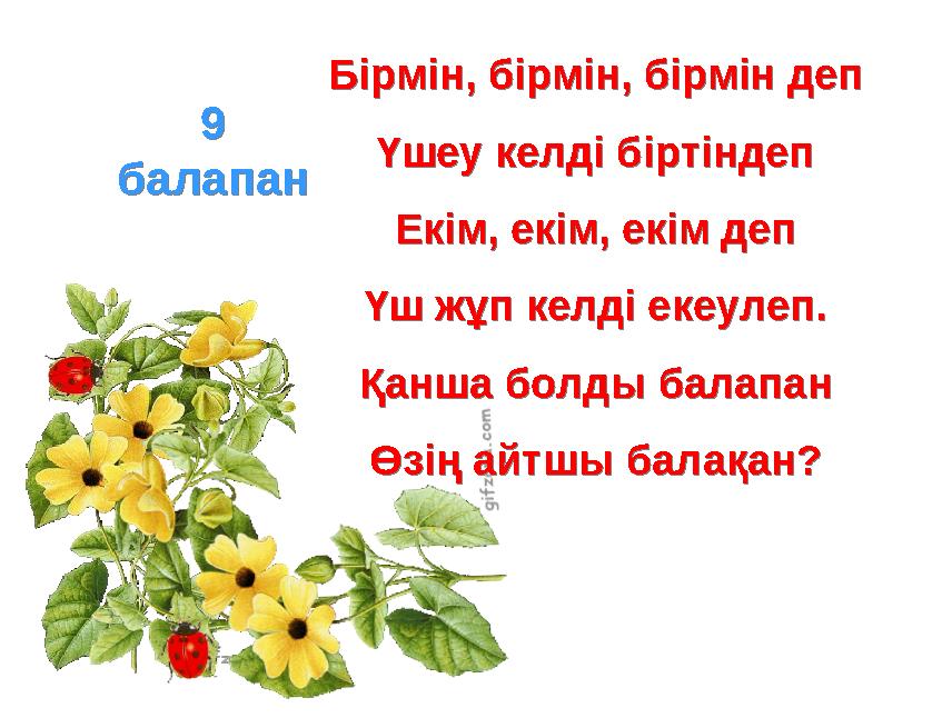 Бірмін, бірмін, бірмін деп Үшеу келді біртіндеп Екім, екім, екім деп Үш жұп келді екеулеп. Қанша болды балапан Өзің айтшы балақа