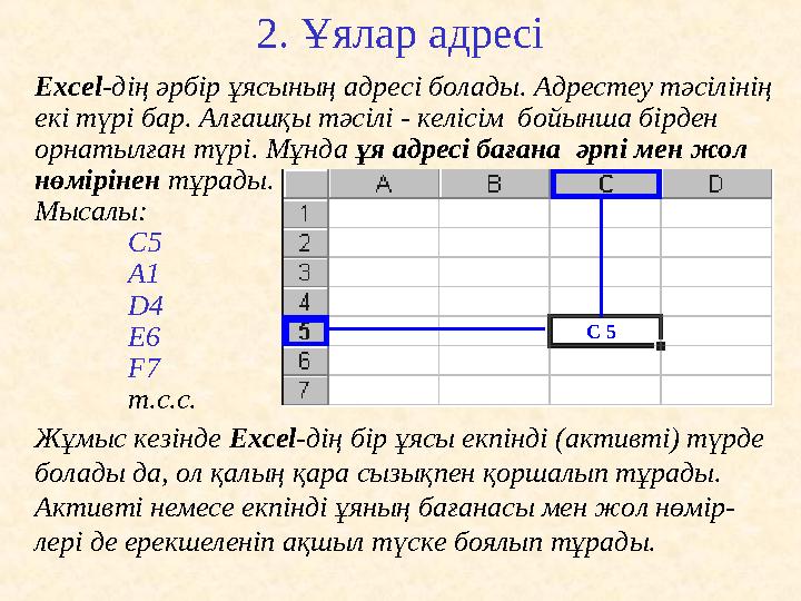 2. Ұялар адресі Excel - дің әрбір ұясының адрес і болады . А дрес теу тәсілінің екі түрі бар. Алғашқы тәсілі - келісім бой