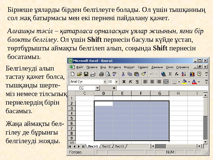 Бірнеше ұяларды бірден белгілеуге болады. Ол үшін тышқанның сол жақ батырмасы мен екі пернені пайдалану қажет. Алғашқы тәсіл –