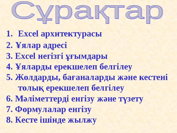 1. Excel а рхитектура сы 2. Ұялар адресі 3. Excel негізгі ұғымдары 4. Ұяларды ерекшелеп белгілеу 5. Жолдарды, бағаналарды