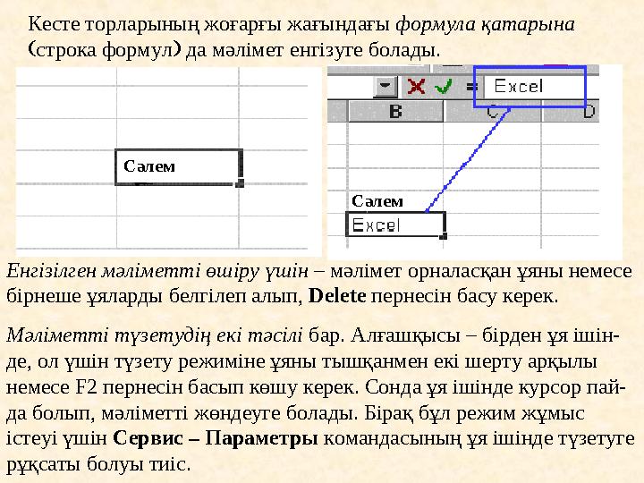 Кесте торларының жоғарғы жағындағы формула қатар ына  строка формул  да мәлімет енгiз уге болады . Енгізілген мәлімет