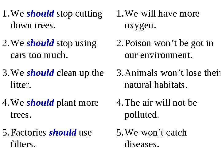 1. We should stop cutting down trees. 2. We should stop using cars too much. 3. We should clean up the litter. 4. We