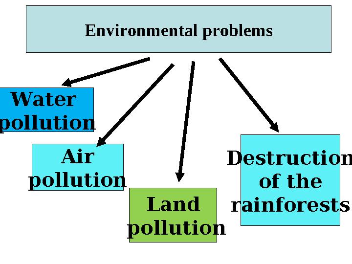 Water pollution Air pollution Land pollution Destruction of the rainforestsEnvironmental problems