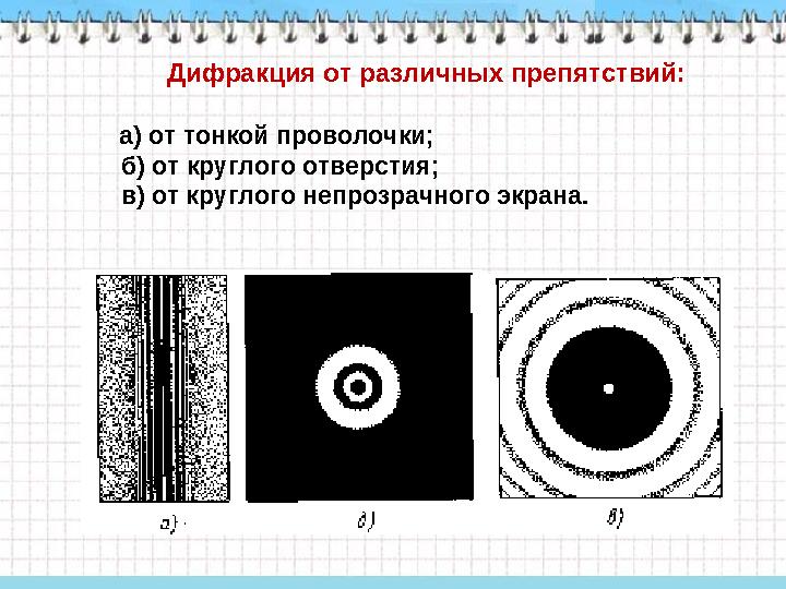 Дифракция от различных препятствий: а) от тонкой проволочки; б) от круглого отверстия; в) от круглого непрозрачного экр
