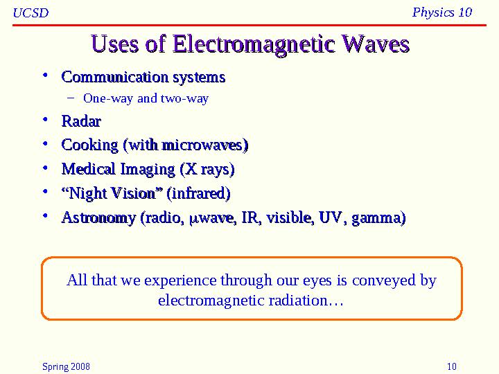 Spring 2008 10UCSD Physics 10 Uses of Electromagnetic WavesUses of Electromagnetic Waves • Communication systems Communication s