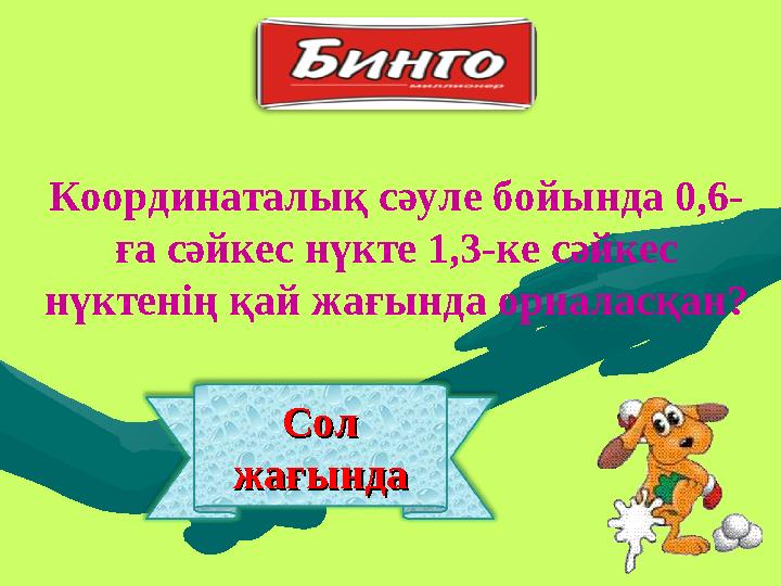 Сол Сол жағындажағындаКоординаталық сәуле бойында 0,6- ға сәйкес нүкте 1,3-ке сәйкес нүктенің қай жағында орналасқан?