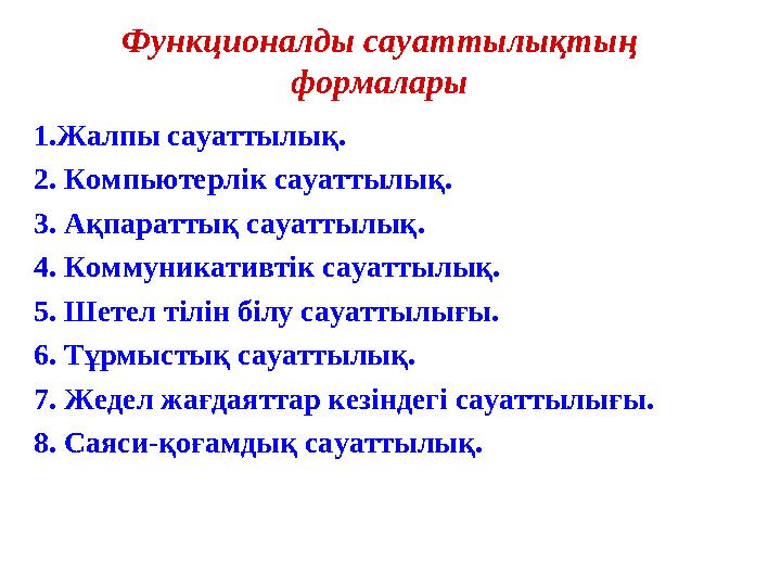 Функционалды сауаттылықтың формалары 1. Жалпы сауаттылық . 2. Компьютерлік сауаттылық. 3. Ақпараттық сауаттылық. 4. Коммуник