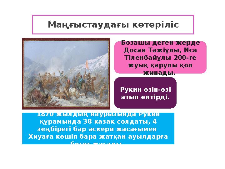 Маңғыстаудағы көтеріліс 1870 жылдың наурызында Рукин құрамында 38 казак солдаты , 4 зе ңбірегі бар әскери жасағымен Хиуаға