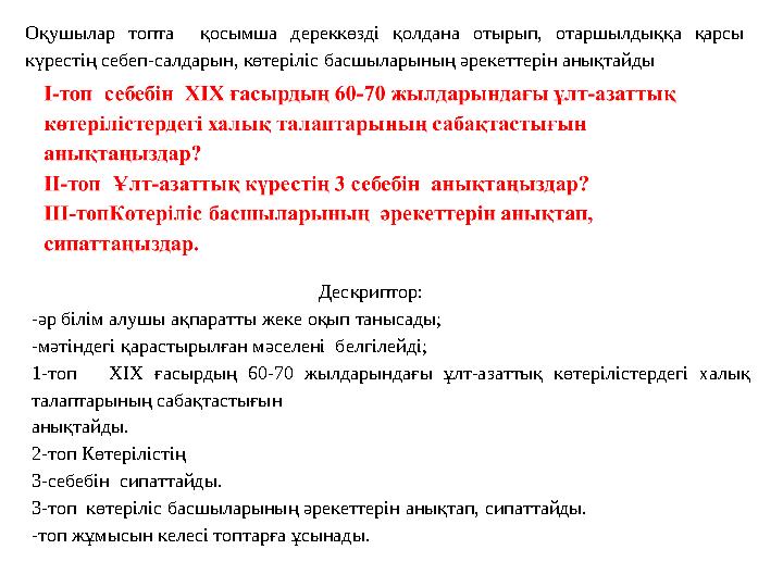 Оқушылар топта қосымша дереккөзді қолдана отырып, отаршылдыққа қарсы күрестің себеп-салдарын, көтеріліс басшыларының ә