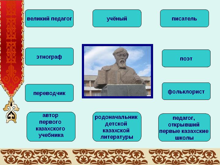 великий педагог учёный этнограф переводчик фольклорист поэтписатель родоначальник детской казахской литературы педагог, откр