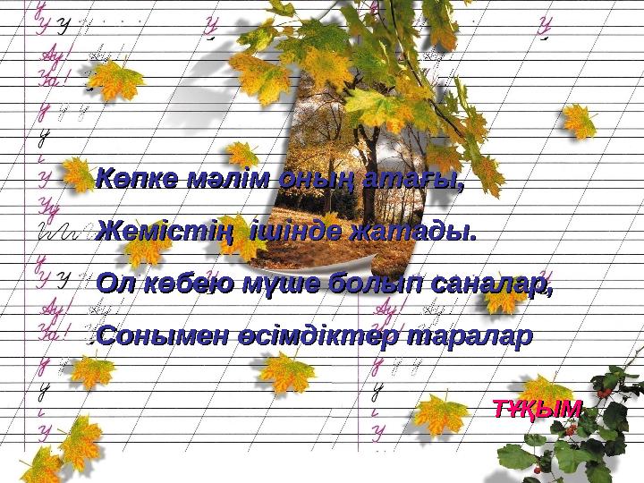 Көпке мәлім оның атағы,Көпке мәлім оның атағы, Жемістің ішінде жатады.Жемістің ішінде жатады. Ол көбею мүше болып саналар,О