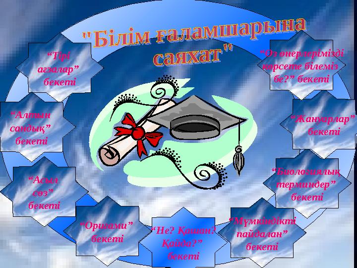 “ Тірі ағзалар” бекеті “ Алтын сандық” бекеті “ Асыл сөз” бекеті “ Оригами” бекеті “ Не? Қашан? Қайда?” бекеті “ Мүмк
