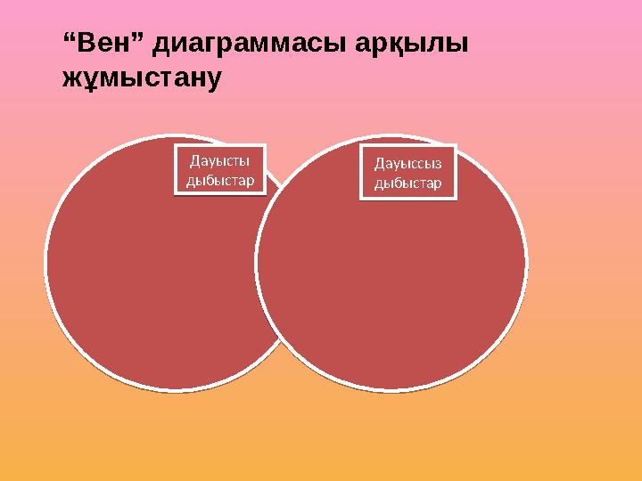 “ Вен” диаграммасы арқылы жұмыстану Дауысты дыбыстар Дауыссыз дыбыстар Дауысты дыбыстар Дауыссыз дыбыстар