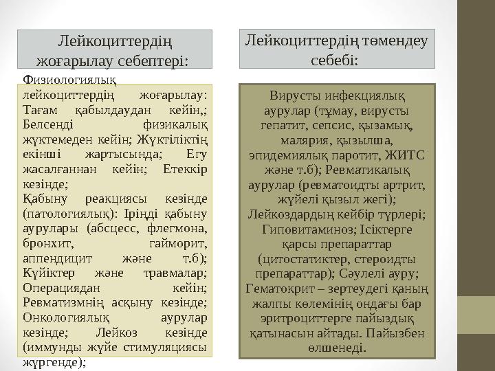 Лейкоциттердің жоғарылау себептері: Лейкоциттердің төмендеу себебі: Физиологиялық лейкоциттердің жоғарылау: Тағам қабылд