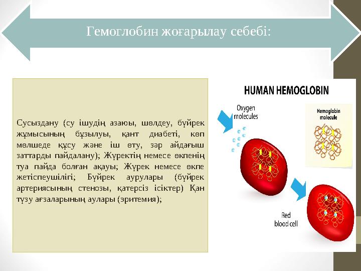 Гемоглобин жоғарылау себебі: Сусыздану (су ішудің азаюы, шөлдеу, бүйрек жұмысының бұзылуы, қант диабеті, көп мөлшеде