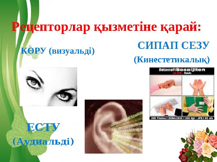 Free Powerpoint Templates Page 11Рецепторлар қызметіне қарай: КӨРУ (визуальді ) ЕСТУ ( Аудиальді ) СИПАП СЕЗУ (Кинестетикалық)