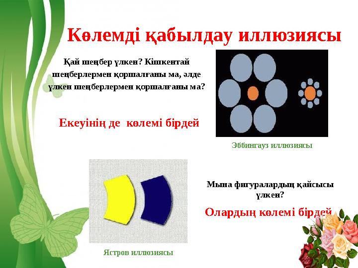 Free Powerpoint Templates Page 24 Көлемді қабылдау иллюзиясы Эббингауз иллюзиясы Ястров иллюзиясыҚай шеңбер үлкен? Кішкентай