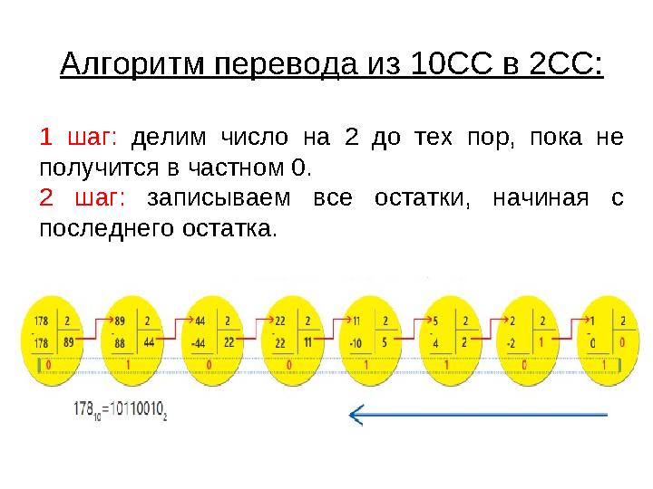 Алгоритм перевода из 10СС в 2СС: 1 шаг: делим число на 2 до тех пор, пока не получится в частном 0. 2 шаг: записыва