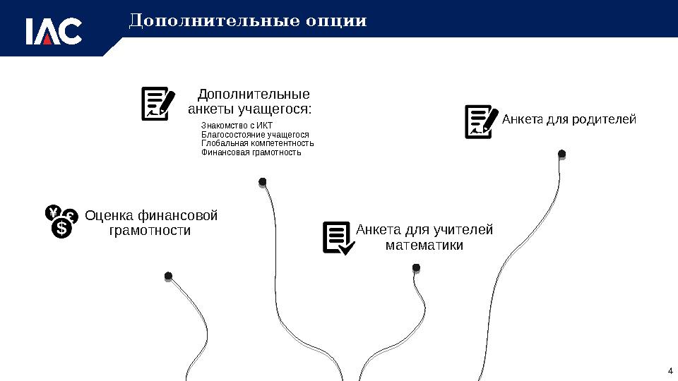 Оценка финансовой грамотности Дополнительные анкеты учащегося: Знакомство с ИКТ Благосостояние учащегося Глобальная компе
