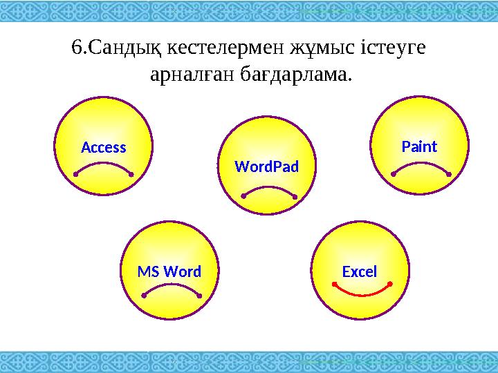 6.Сандық кестелермен жұмыс істеуге арналған бағдарлама. Access Paint WordPad MS Word Excel