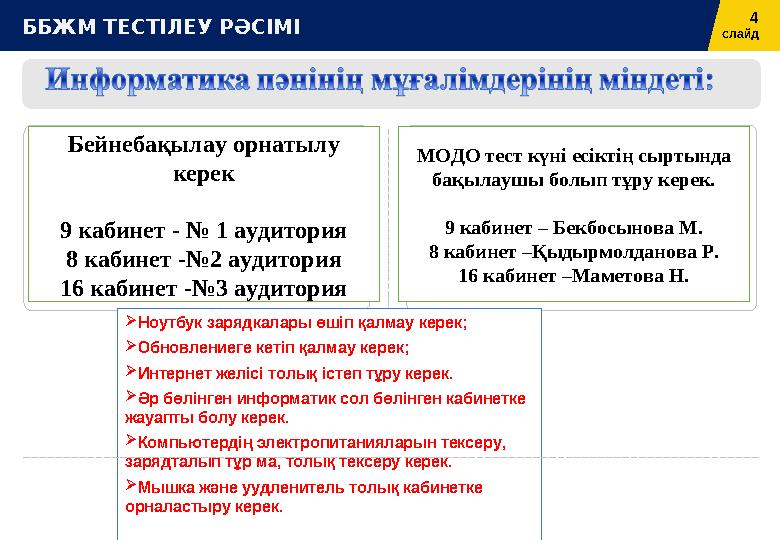 4 слайдББЖМ ТЕСТІЛЕУ РӘСІМІ № 1 Кабинет (21 оқушы) № 2 Кабинет (21 оқушы) Тест-әкімші: 1 мектеп қызметкері Тест-әкімші: