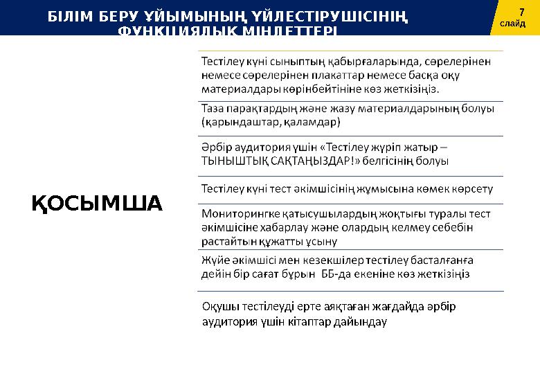 7 слайдБІЛІМ БЕРУ ҰЙЫМЫНЫҢ ҮЙЛЕСТІРУШІСІНІҢ ФУНКЦИЯЛЫҚ МІНДЕТТЕРІ ҚОСЫМША Оқушы тестілеуді ерте аяқтаған жағдайда әрбір аудито
