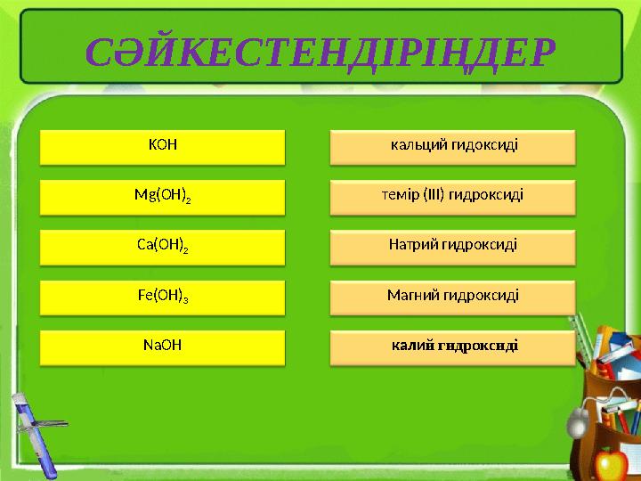 KOH Mg(OH) 2 Ca(OH) 2 Fe(OH) 3 NaOH кальций гидоксиді темір (III) гидроксиді Натрий гидроксиді Магний гидроксиді кали й ги