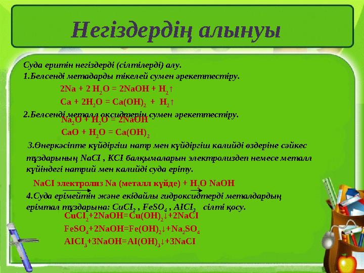 Негіздердің алынуы Суда еритін негіздерді (сілтілерді) алу. 1.Белсенді метадарды тікелей сумен әрекеттестіру. 2