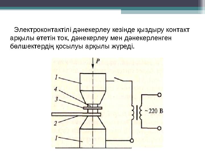 Электроконтактілі дәнекерлеу кезінде қыздыру контакт арқылы өтетін ток, дәнекерлеу мен дәнекерленген бөлшектердің қосылуы арқы