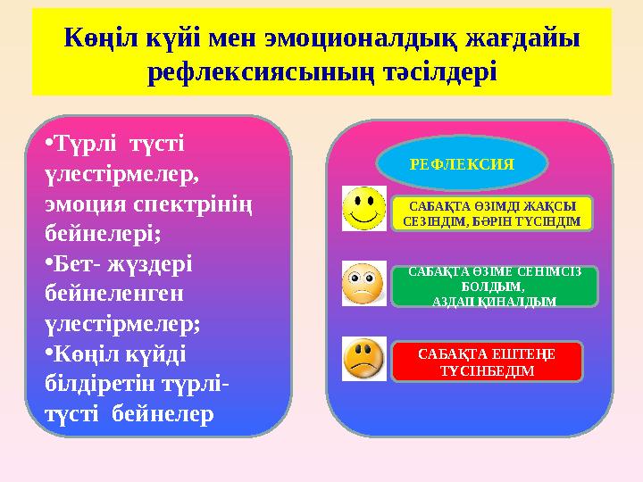 •Түрлі түсті үлестірмелер, эмоция спектрінің бейнелері; •Бет- жүздері бейнеленген үлестірмелер; •Көңіл күйді білдіретін