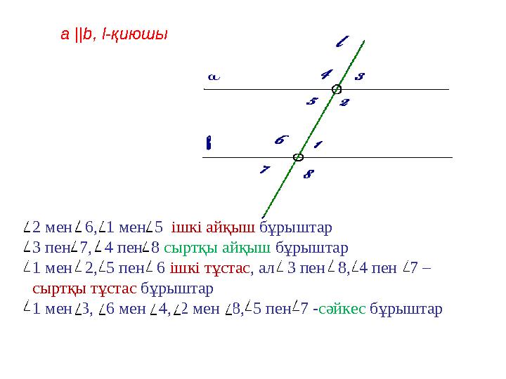 a ||b, l-қиюшы 2 мен 6, 1 мен 5 ішкі айқыш бұрыштар 3 пен 7, 4 пен 8 сыртқы айқыш бұрыштар 1 мен 2, 5 пен 6 ішкі т