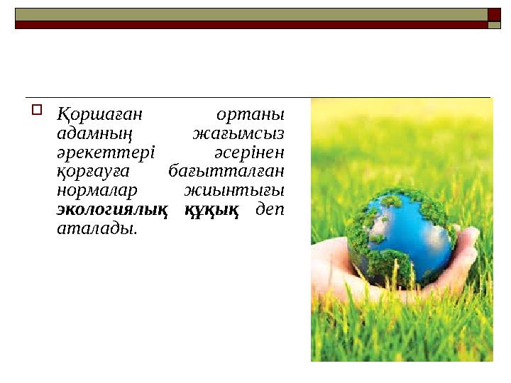 Қоршаған ортаны адамның жағымсыз әрекеттері әсерінен қорғауға бағытталған нормалар жиынтығы экологиялық құқық деп аталады