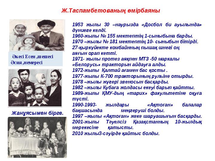 1953 жылы 30 –наурызда «Досбол би ауылында» дүниеге келді. 1960-жылы № 155 мектептің 1-сыныбына барды. 1970 –жылы № 181 мекте
