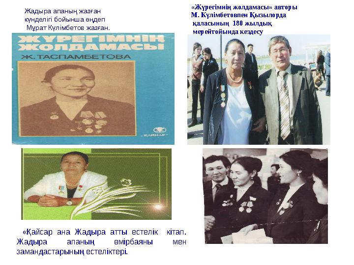 Жадыра апаның жазған күнделігі бойынша өңдеп Мұрат Күлімбетов жазған. «Қайсар ана Жадыра атты естелік кітап. Жадыра апаның