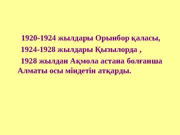 1920-1924 жылдары Орынбор қаласы, 1924-1928 жылдары Қызылорда , 1928 жылдан Ақмола астана болғанша Алматы о
