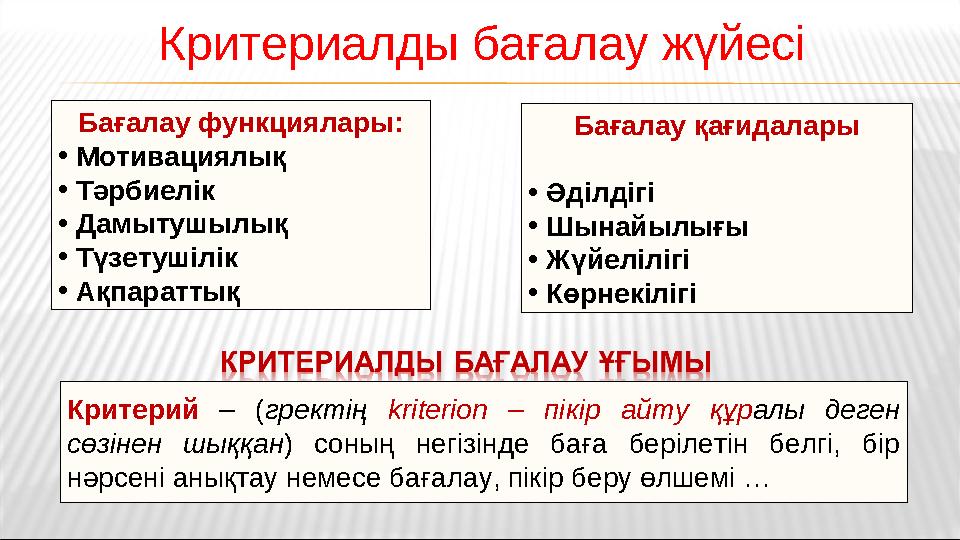 Бағалау функциялары: • Мотивациялық • Тәрбиелік • Дамытушылық • Түзетушілік • Ақпараттық Бағалау қағидалары • Әділдігі • Шынайыл Бағалау функциялары: • Мотивациялық • Тәрбиелік • Дамытушылық • Түзетушілік • Ақпараттық Бағалау қағидалары • Әділдігі • Шынайыл