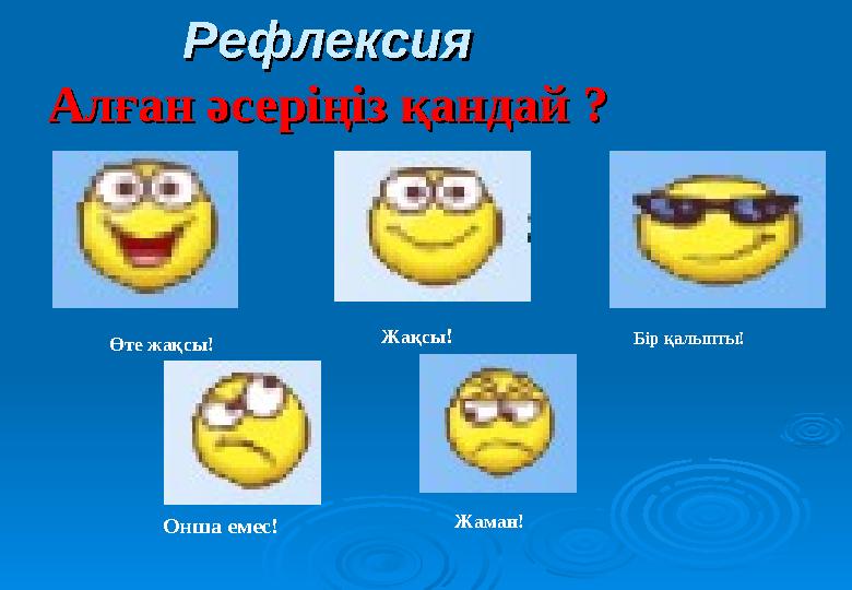 РефлексияРефлексия Алған әсеріңіз қандай ?Алған әсеріңіз қандай ? Өте жақсы! Жақсы! Бір қалыпты! Онша емес! Жаман!