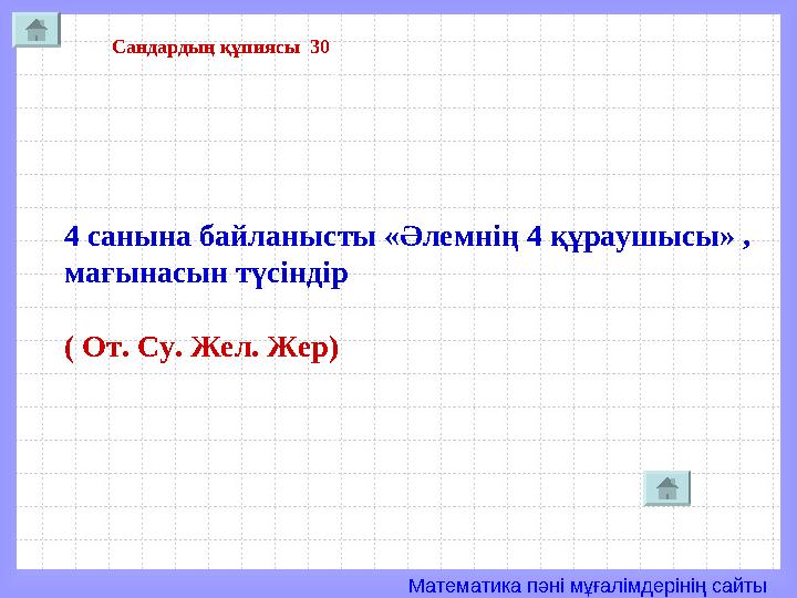 Математика пәні мұғалімдерінің сайты Сандардың құпиясы 30 4 санына байланысты «Әлемнің 4 құраушысы» , мағынасын түсіндір ( О