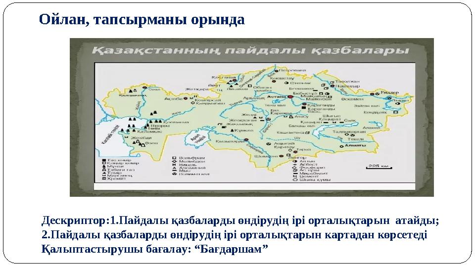 Ойлан, тапсырманы орында Дескриптор:1.Пайдалы қазбаларды өндірудің ірі орталықтарын атайды; 2.Пайдалы қазбаларды өндірудің ірі