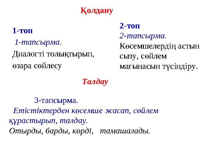 1-топ 1-тапсырма. Диалогті толықтырып, өзара сөйлесу 2-топ 2-тапсырма. Көсемшелердің астын сызу, сөйлем мағынасын түсінді