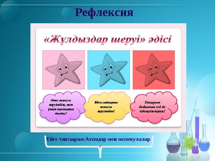 Рефлексия Үйге тапсырма:Атомдар мен молекулалар