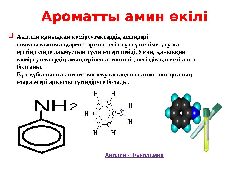Анилин қаныққан көмірсутектердің аминдері сияқты қышқылдармен әрекеттесіп тұз түзгенімен, сулы ерітіндісінде лакмустың түсін